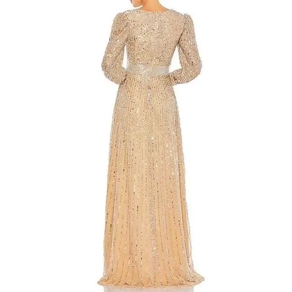 NEW Mac Duggal Vanilla Silver Wrap Bodice Long Bishop Sleeve Gown Size 10 $598